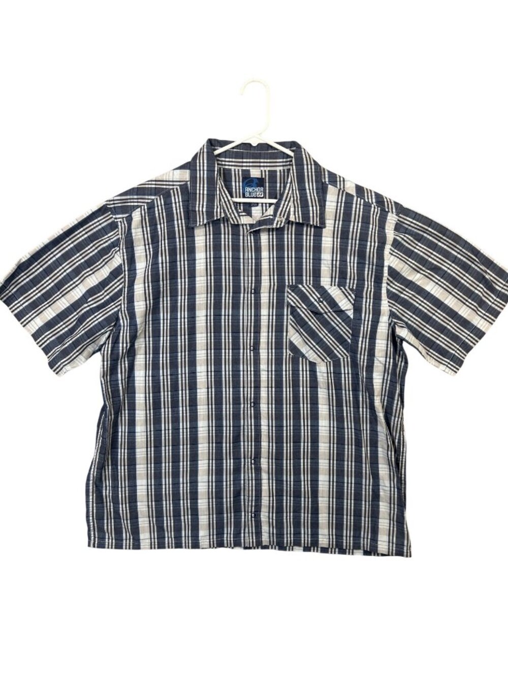 Anchor Blue Mens XXL Navy & Beige Plaid Short Sleeve Snap Button Shirt EUC